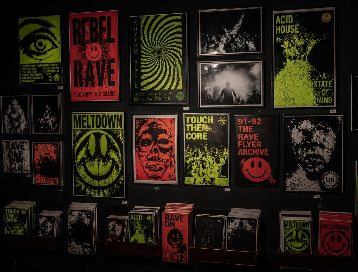 Wall of rave posters, prints and zines